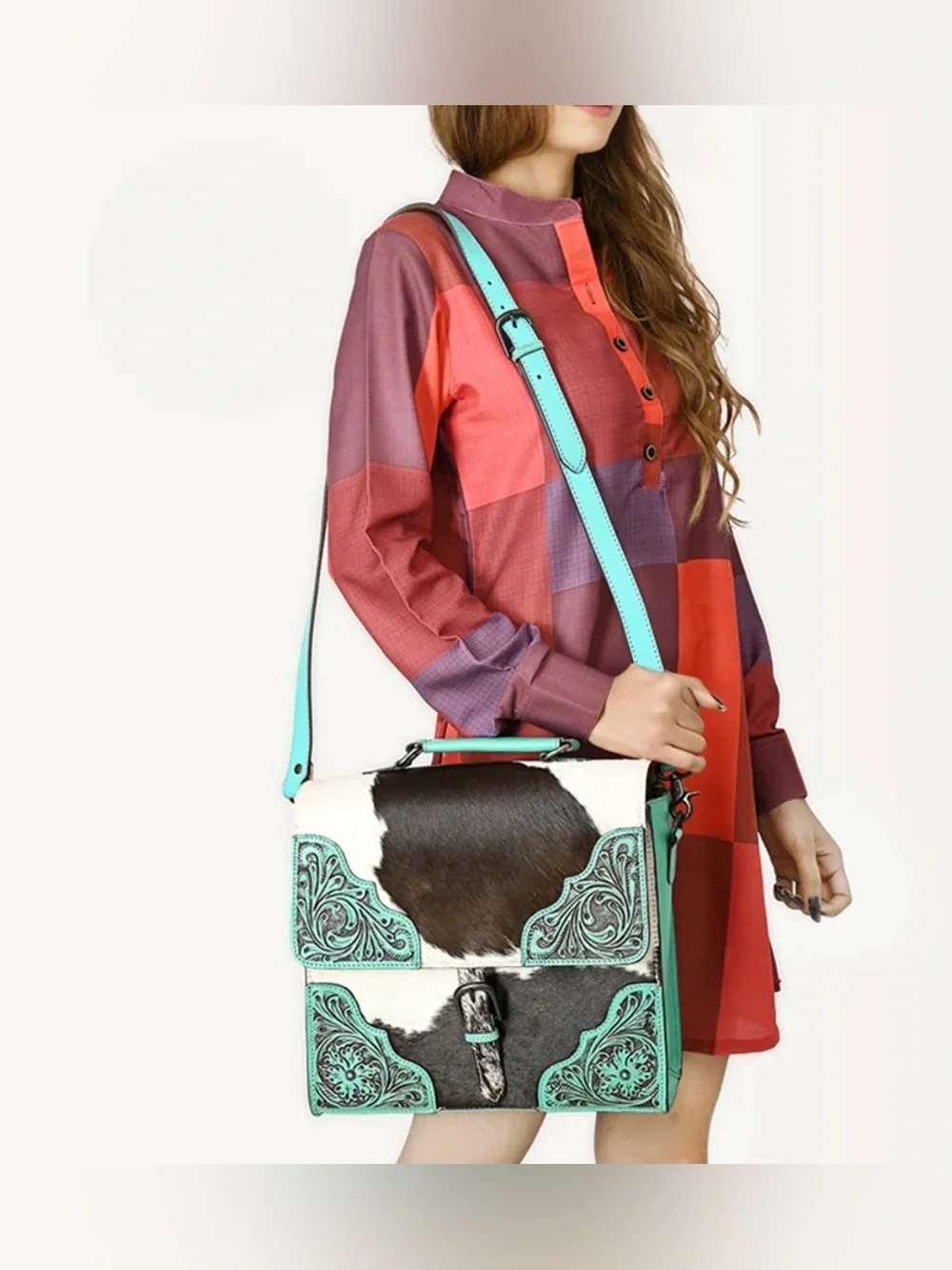 Western Bag Turquoise Tooled Leather & Cowhide Crossbody Bag